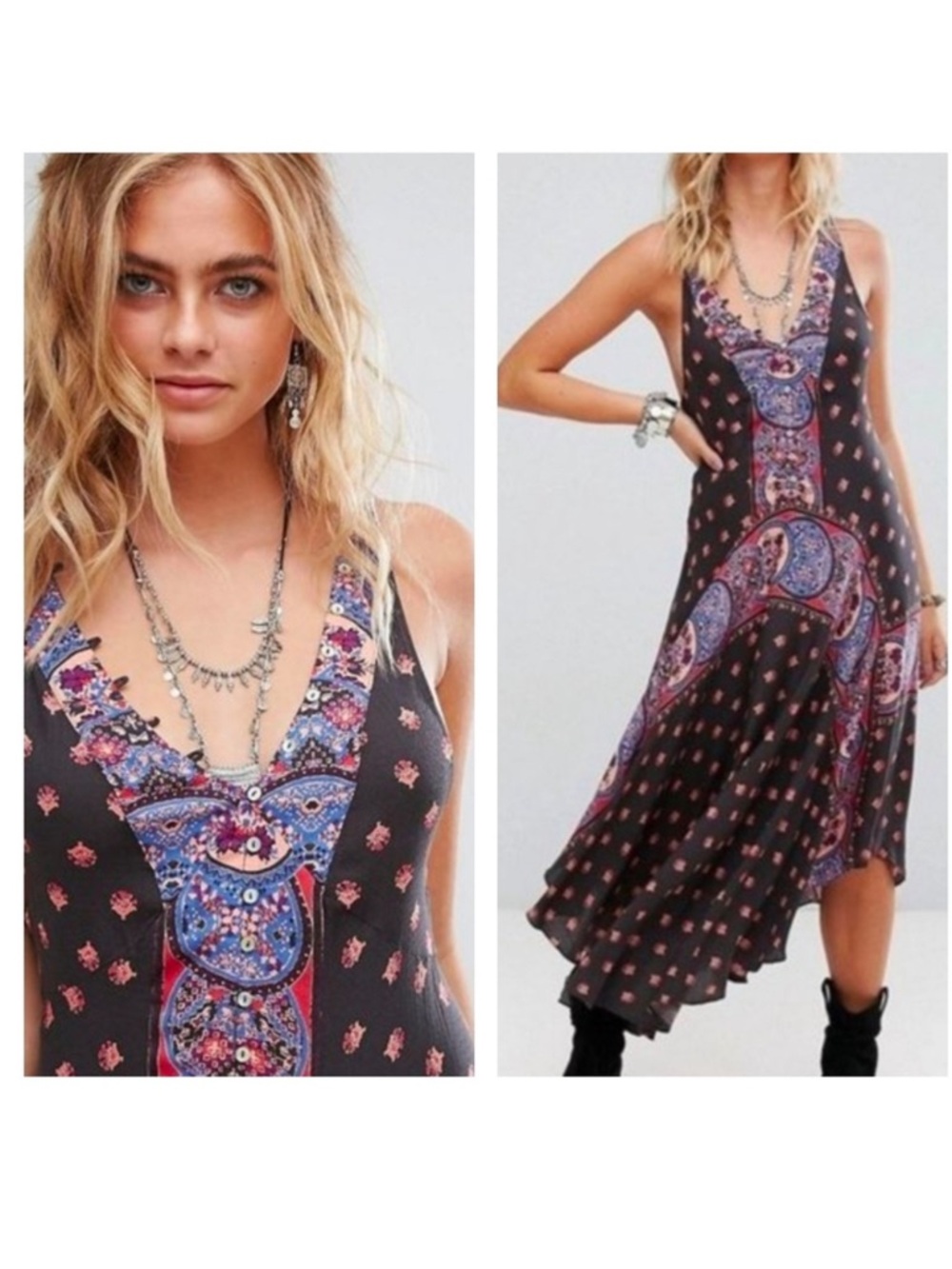 Free People Faithfully Yours Slip Dress Boho Handkerchief Hem Midi L